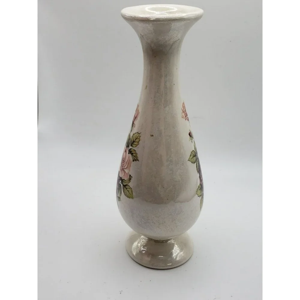 VTG Antique Iridescent Pink Rose Floral Single Stem Bud Vase Signed Fay's Cerami